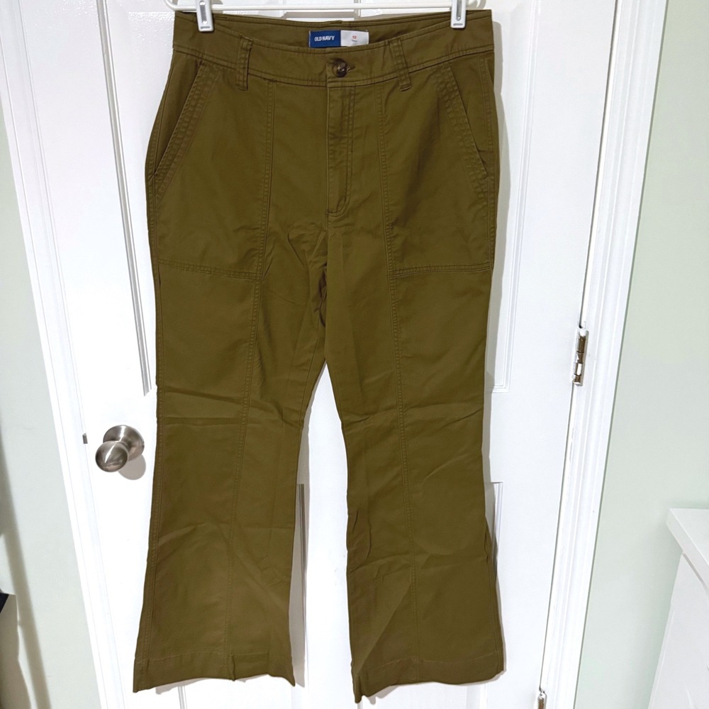 Old Navy Women 12 Tall Olive Green Wide Leg Utility Patch Pocket Pants Trousers